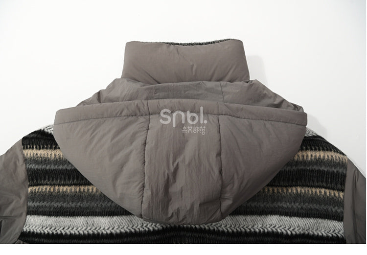 パッチワークデザイン グレー フード付きダウンジャケット