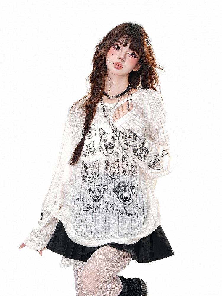 Neck Puppy Round Semi-sheer Top and Kitty Print Loose Black/Beige