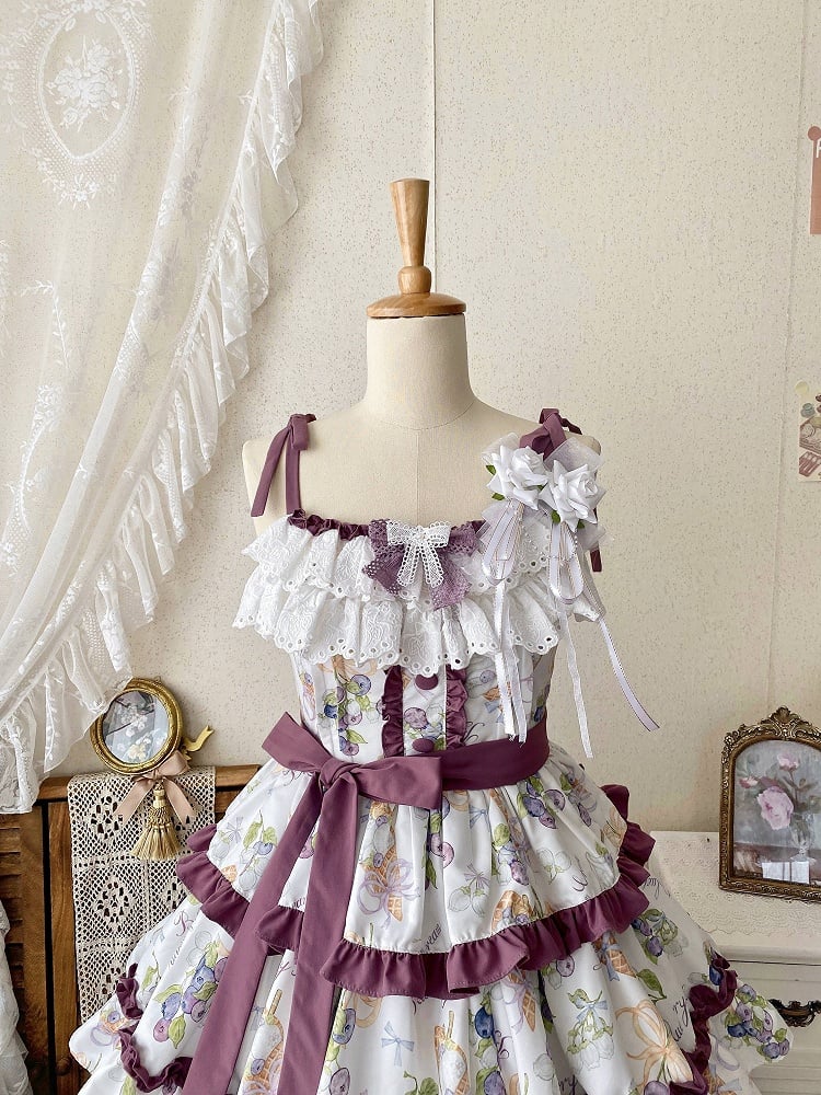 Lolita-Rüschen und Eiscreme-Lila-Rock, gestuftes Blaubeerkleid, Besatz mit Print