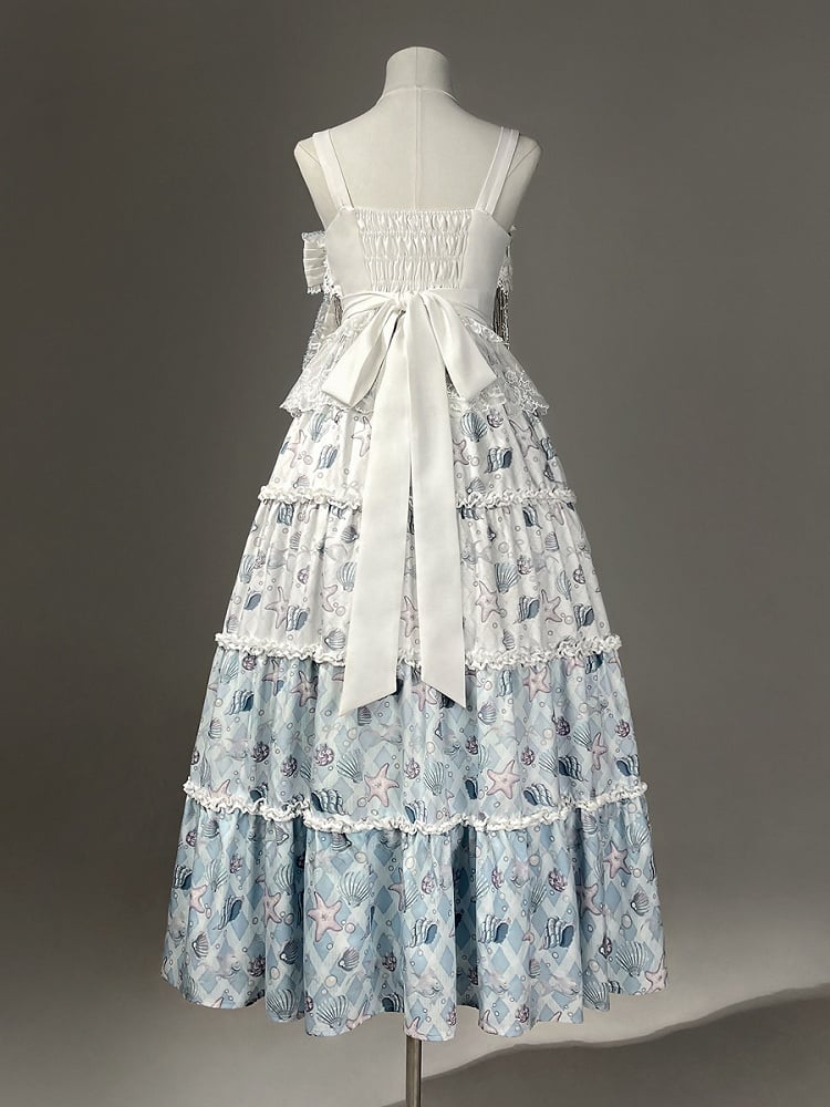 Blaues Lolita-Muschelkleid mit weißem Meeresdruck und Seesternen