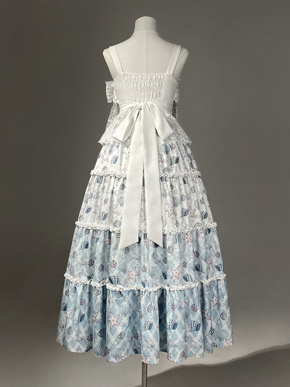 Blaues Lolita-Muschelkleid mit weißem Meeresdruck und Seesternen