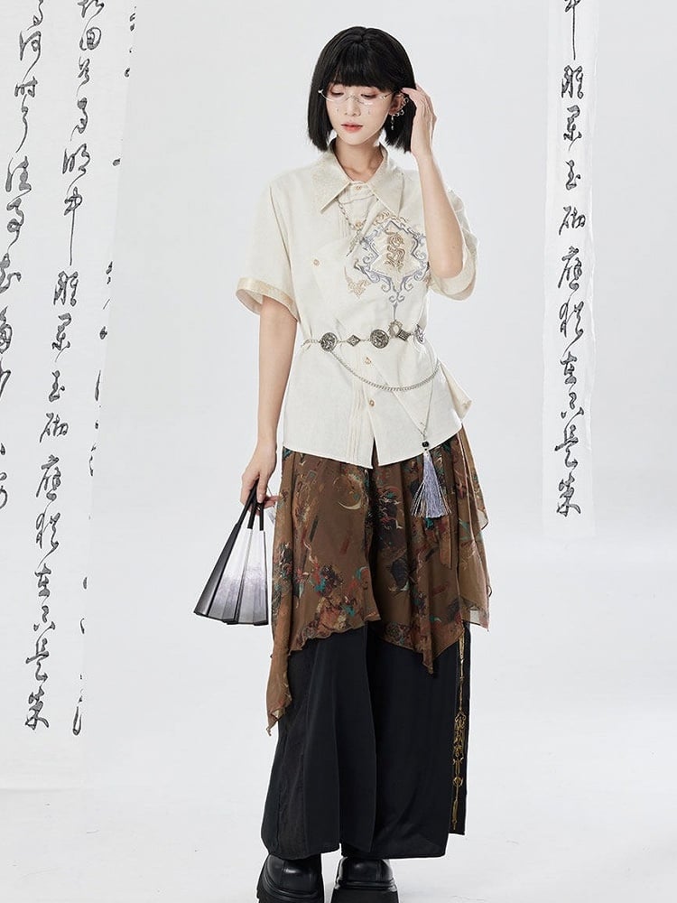 White Gold Thread Dragon Shirt - Qing Tang Original