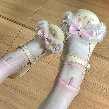 Details Buckle Shoes Lolita Sweet YellowPink Bunny With Toe Ear Round Strap Bowknot Plush