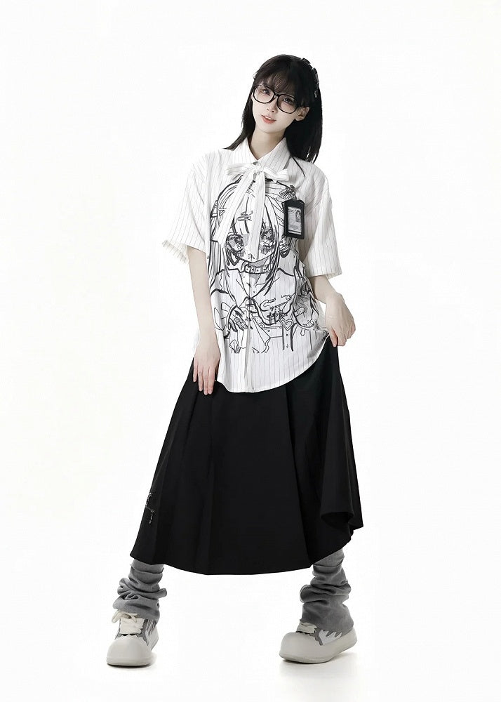 Short Sleeves Shirt Anime Girl Print White Stripes Tie Bow