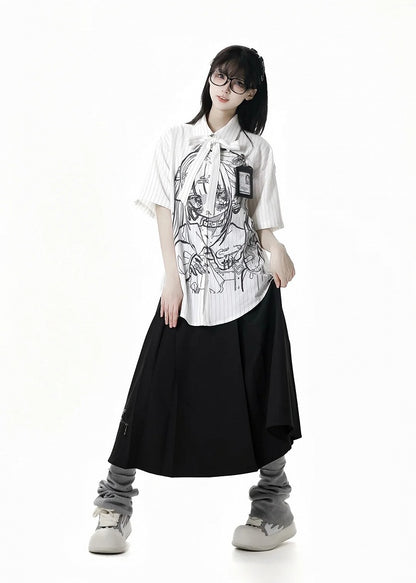 Short Sleeves Shirt Anime Girl Print White Stripes Tie Bow