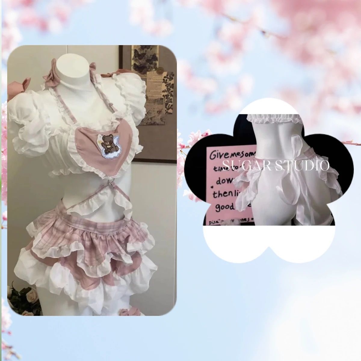 Pink Bear Heart Maid Costume Set - Cute Ruffle Sleepwear