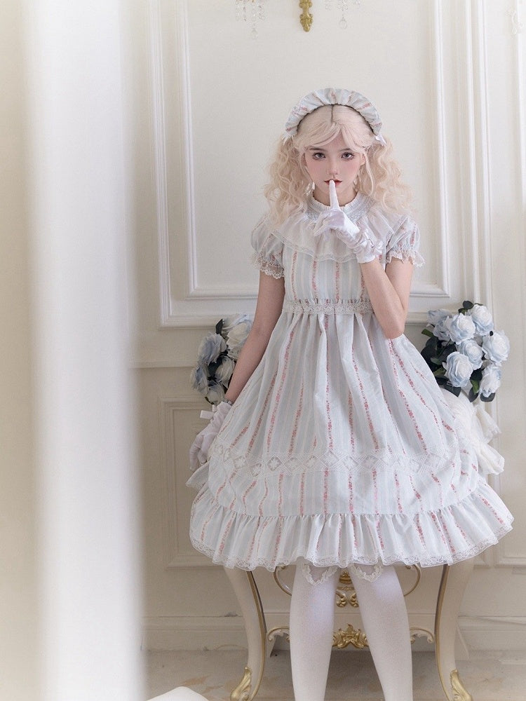 Leichtes Baumwollkleid mit Ärmeln und Taille, süßes Lolita-Kleid mit hohem Puffärmeln in Blau