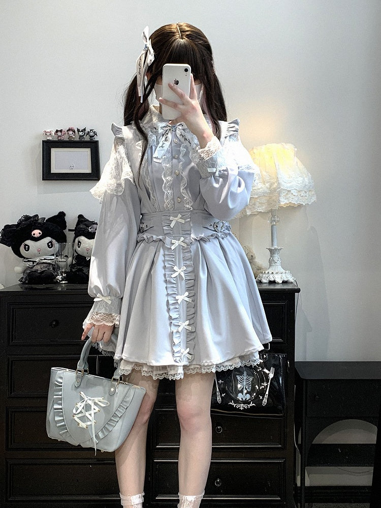 Lace Blue/White/Pink/Black Kei Trim Jirai Details Shorts Dress With Overall Bowknot