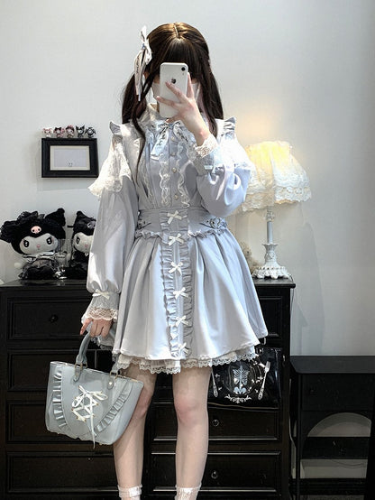 Lace Blue/White/Pink/Black Kei Trim Jirai Details Shorts Dress With Overall Bowknot