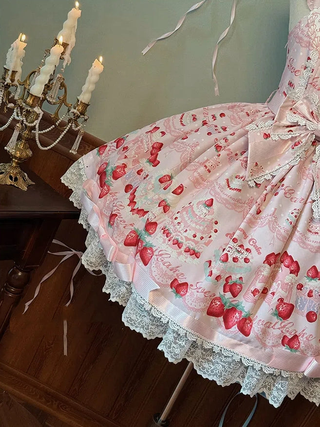 Süßer Kuchenpullover mit Erdbeerdruck und Kleidrock, Lolita, Pink, süß