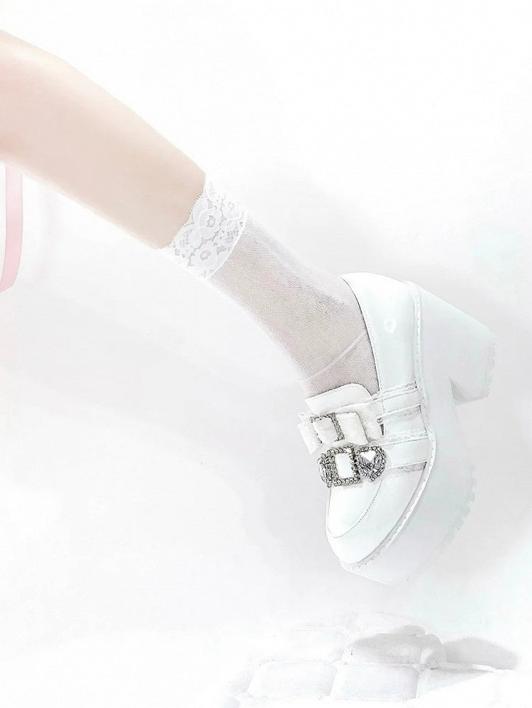 with Jirai Platform Matte Rhinestone Bow White 10cm Heart Loafers Kawaii Kei Heel