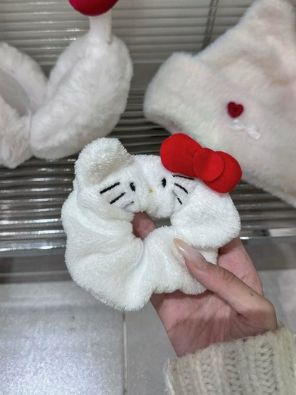 Kawaii White Cat Hair Tie with Red Bow Decoration - IVONA boutique