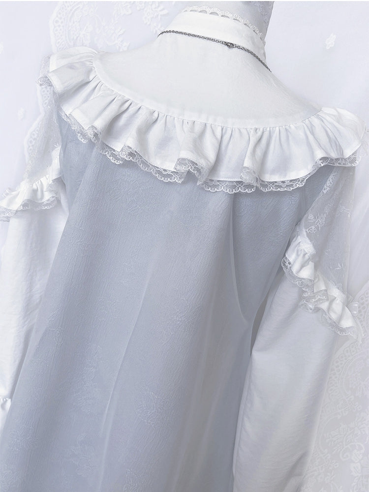 ジライケイ ライトブルー レースパッチショルダー ランドマインスタイル レーストリム ロングスリーブドレス