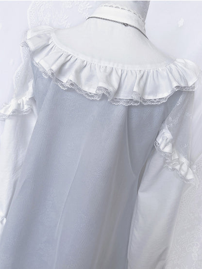 ジライケイ ライトブルー レースパッチショルダー ランドマインスタイル レーストリム ロングスリーブドレス