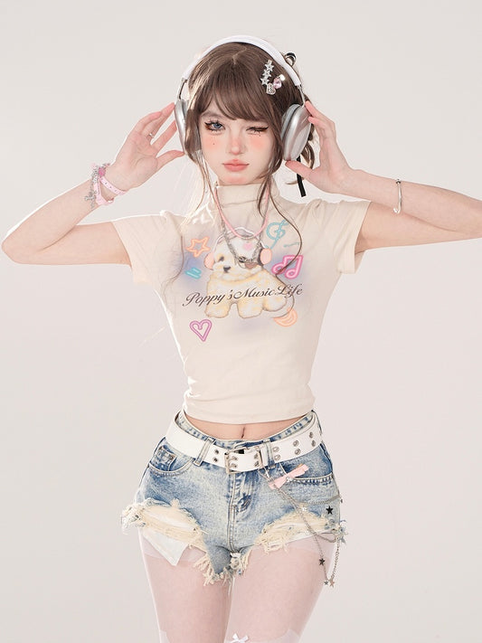 T-shirt with Adorable Puppy Print Apricot Mock Neck Crop