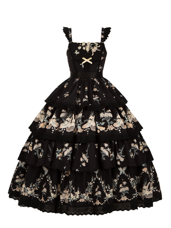 Skirt Classic and Lolita Tiered Jumper Print Floral Lily Dress Cherry Black