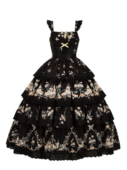 Skirt Classic and Lolita Tiered Jumper Print Floral Lily Dress Cherry Black