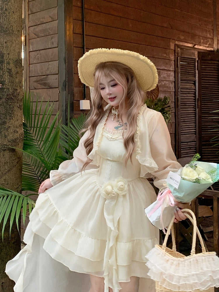 Kawaii Floral Decorated Dress with Asymmetrical Hem - Hard Candy