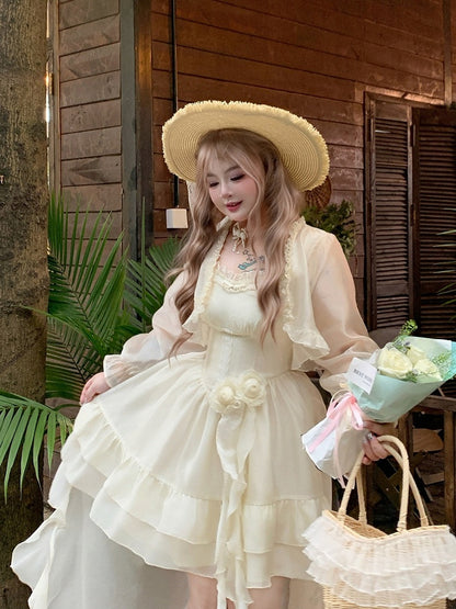 Kawaii Floral Decorated Dress with Asymmetrical Hem - Hard Candy