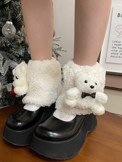 White Sweet Bear Doll Bowknot Plush Leg Warmers