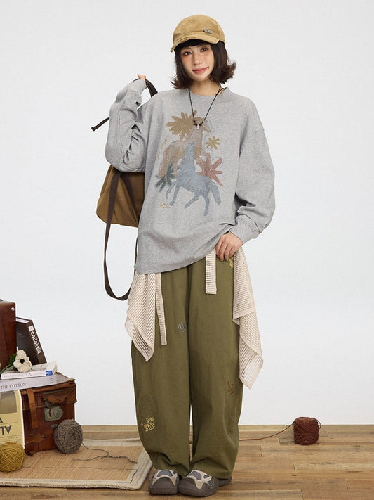 Wide-leg Embroidery Pants Cute Green Cut Vintage