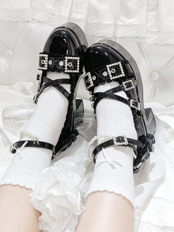 Verziert mit Strass Plateau Jirai Riemen Kreuz-Akzent Schnalle Kei Perlen Schwarz High - Block Schleife Heels