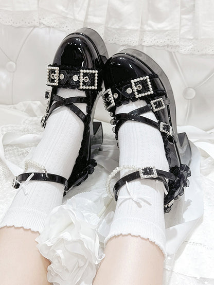 Verziert mit Strass Plateau Jirai Riemen Kreuz-Akzent Schnalle Kei Perlen Schwarz High - Block Schleife Heels