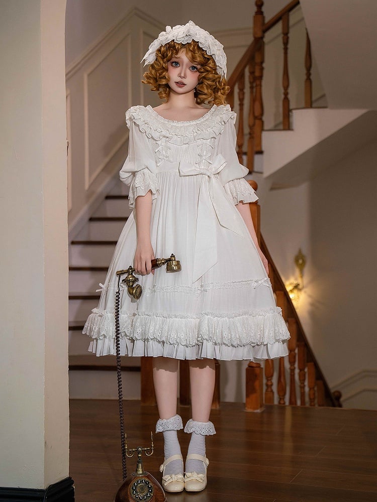 Weißes Lolita-Kleid mit kurzer Taille und hohen Ärmeln