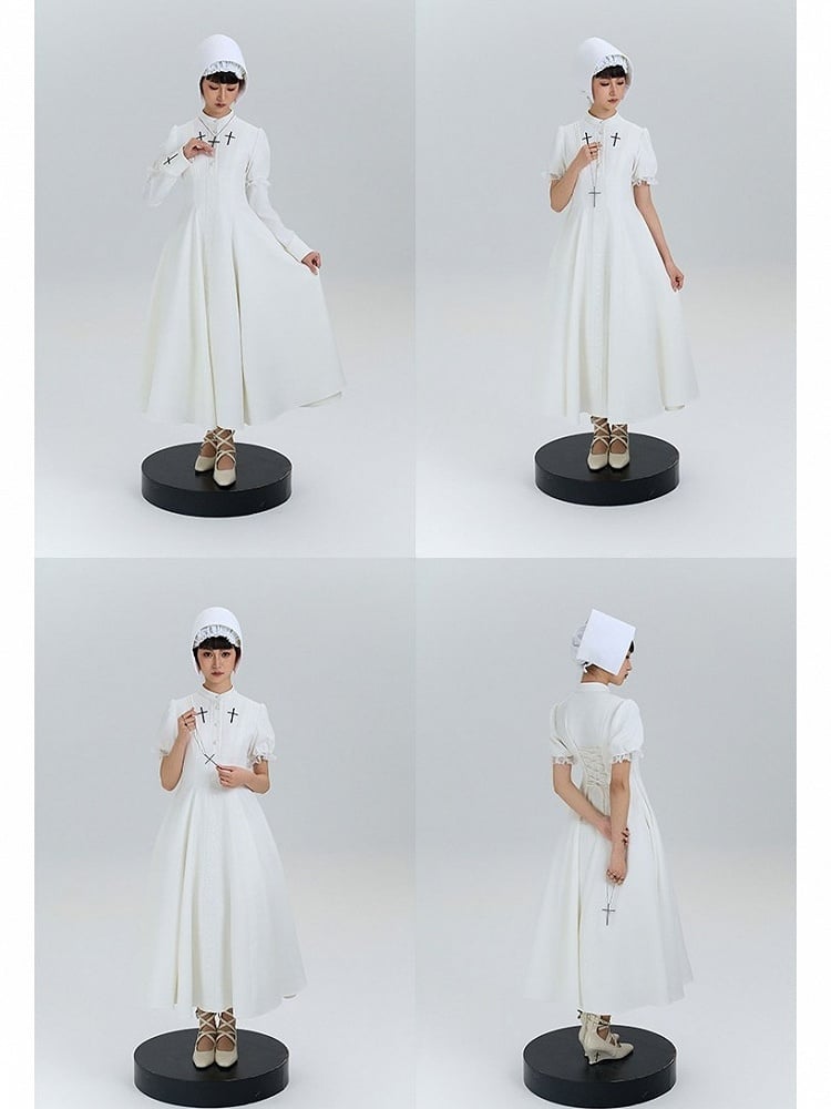 Cross Nun Lolita Trimmed White Short Sleeves Lace Embroidery with Dress