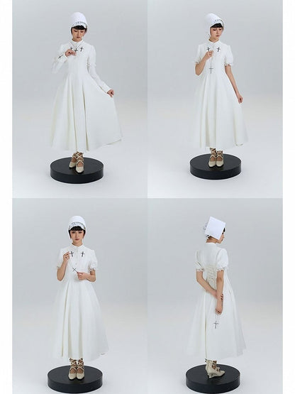 Cross Nun Lolita Trimmed White Short Sleeves Lace Embroidery with Dress