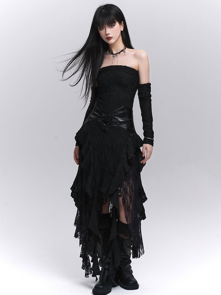 Asymmetrical with Black Free Cascading Ruffles Strapless Dress
