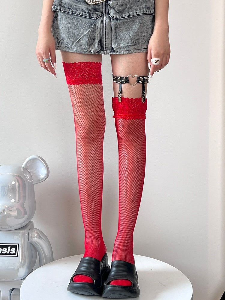 Schwarz/Rot/Khaki/Weiß Bittersüße Overknee-Strümpfe mit Spitzenbesatz