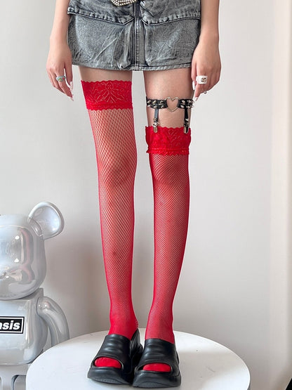 Schwarz/Rot/Khaki/Weiß Bittersüße Overknee-Strümpfe mit Spitzenbesatz