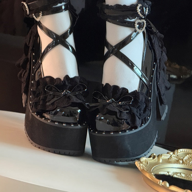 Lace High Platform Heart - with Vamp Black Gothic Buckle Block Knotted Multi-Layer Bow Heel Heels Rhinestone