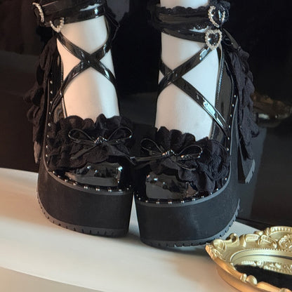 Buckle Heart Vamp Black Block Multi-Layer Rhinestone - with Knotted Platform Gothic High Heel Bow Heels Lace