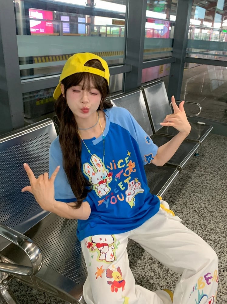 ウエストワイドレッグジーンズ カートゥーンバニープリント ホワイト ローカット