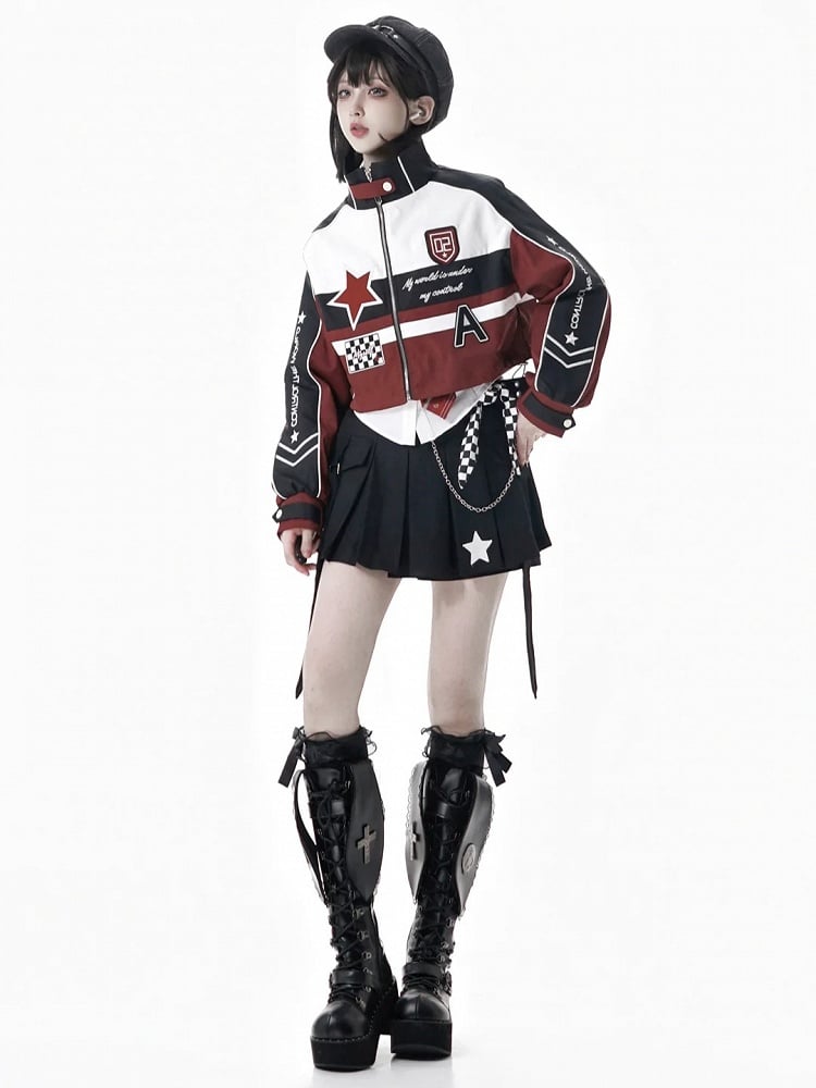 Red Cropped Embroidered Zipper Applique Jacket Moto-Inspired Accents with White