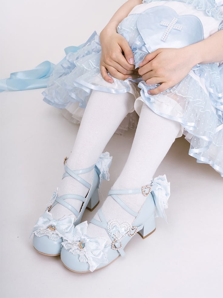 Bowknot-Träger Herz-Block-Design 5CM Heels Kreuzmuster Süße Schnalle Details Schuhe Lolita Blau