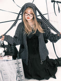 Plus Black Size Drawstrings Pompon Jacket Hoodie Stripes with Bunny Gray