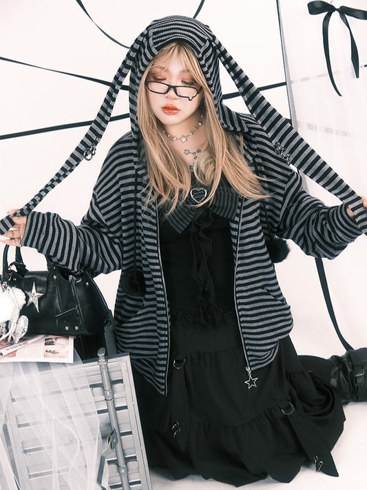 Plus Black Size Drawstrings Pompon Jacket Hoodie Stripes with Bunny Gray