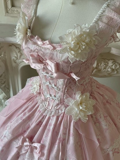 Pink Frog Version Print Jasmine-Embellished Lolita Buttons Short Corset with + Floral Top Skirt