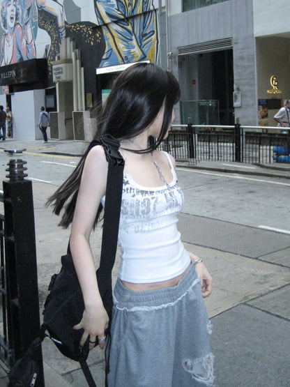 Top/Grau Elastische Taille Distressed Löcher Casual Hosen Cami Weiß Glamouröse Grafik