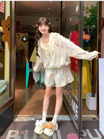 Shorts Hellgelb Elastische Taille Niedlicher Bärendruck Lässig