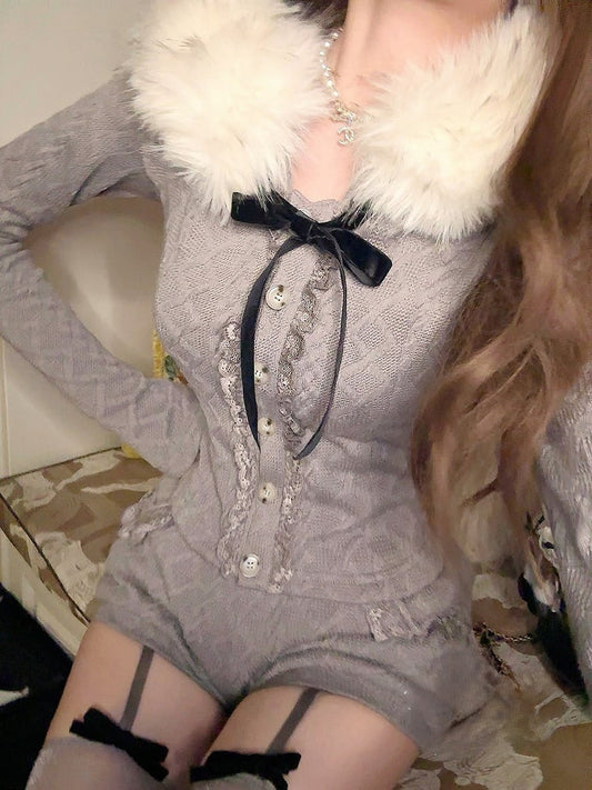 Fur With Hoodie Collar Detail Cardigan Black Gray Knit Faux Bow