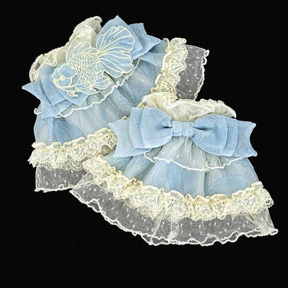 Trim Pink/Blue/Green Embroidery Wrist Lolita and Goldfish with Bow Sweet Cuffs Lace
