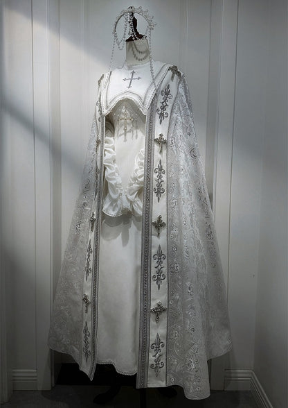 Embroidery Silver Cross Lolita Decorated Details Nun White and Cloak