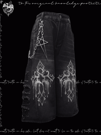 Weite Jeans mit Saum, dunkelgrau, Kreuzdruck, Distressed-Löcher