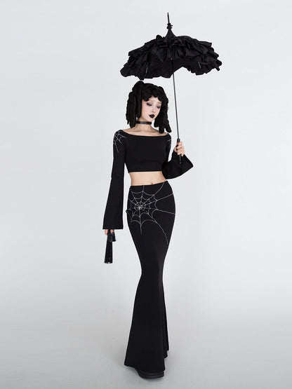 Gothic Black Spiderweb Bell Sleeves Cropped Top