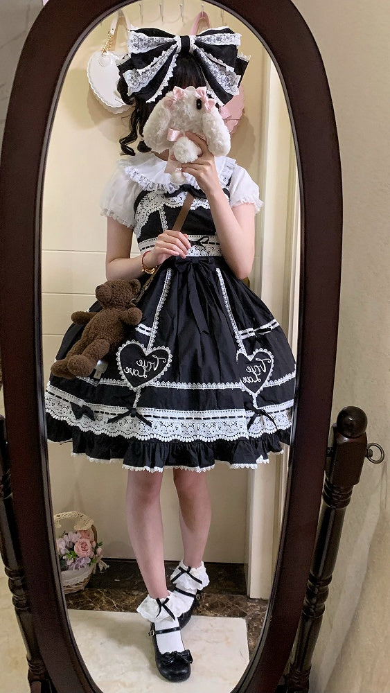 Sweetheart Rock Baumwolle Applikation Weiß und Alt Schwarz Pullover Lolita Kleid Schule