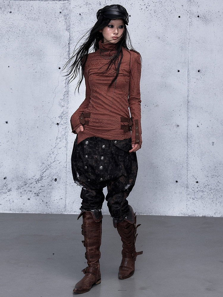 Jacquard Top with Brick Buckle Mock Accents Red Hem Neck Asymmetrical